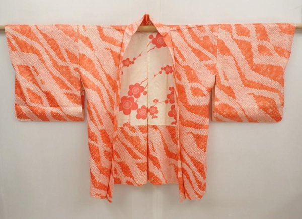Photo5: 6701T09z490 Vintage Japanese Kimono Silk SHIBORI HAORI  Dark salmon (5)
