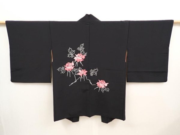 Photo1: 6701T10z590 Vintage Japanese Kimono Silk HAORI Rose Black (1)