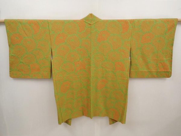 Photo1: 6701T11z440 Vintage Japanese Kimono Silk SHIBORI HAORI Flowers Parrot Green (1)