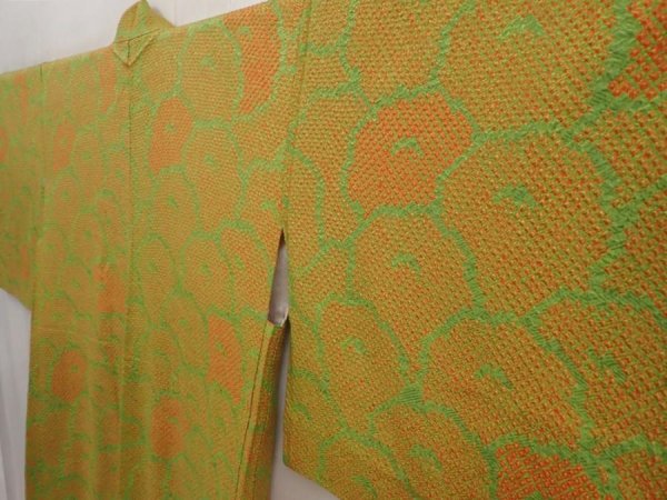 Photo2: 6701T11z440 Vintage Japanese Kimono Silk SHIBORI HAORI Flowers Parrot Green (2)