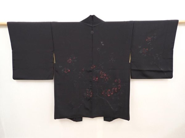 Photo1: 6701T12z510 Vintage Japanese Kimono Silk HAORI Flower Black (1)