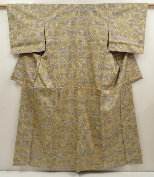 Photo1: 6701T13z750 Vintage Japanese Kimono Silk TSUMUGI Kikko Dark yellow (1)