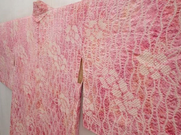 Photo2: 6702T05z440 Vintage Japanese Kimono Silk SHIBORI HAORI Flower Pink (2)