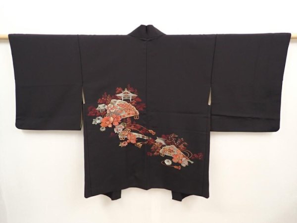 Photo1: 6702T08z510 Vintage Japanese Kimono Silk HAORI Folding fan Black (1)