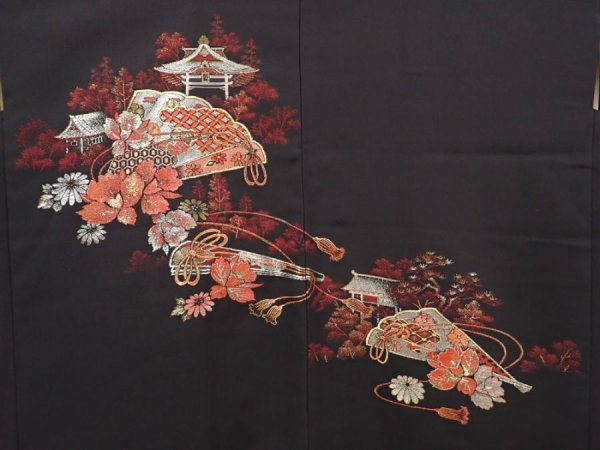 Photo3: 6702T08z510 Vintage Japanese Kimono Silk HAORI Folding fan Black (3)