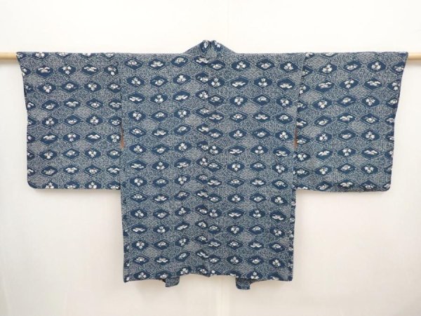 Photo1: 6702T09z440 Vintage Japanese Kimono Silk HAORI Flowers Dark cyan (1)