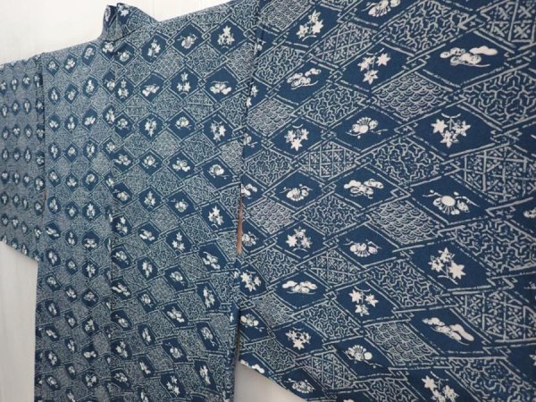 Photo2: 6702T09z440 Vintage Japanese Kimono Silk HAORI Flowers Dark cyan (2)