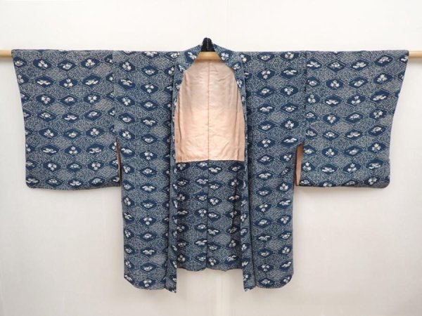 Photo5: 6702T09z440 Vintage Japanese Kimono Silk HAORI Flowers Dark cyan (5)