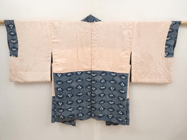 Photo6: 6702T09z440 Vintage Japanese Kimono Silk HAORI Flowers Dark cyan (6)