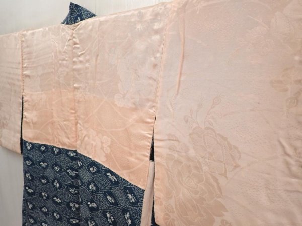 Photo7: 6702T09z440 Vintage Japanese Kimono Silk HAORI Flowers Dark cyan (7)