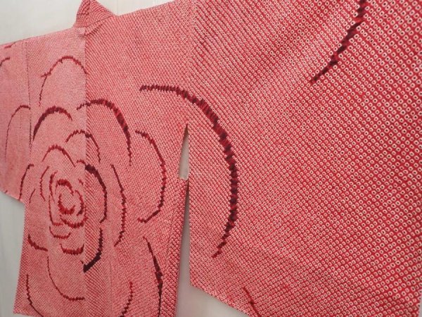 Photo2: 6702T02z590 Vintage Japanese Kimono Silk SHIBORI HAORI Flower Red-Pink (2)