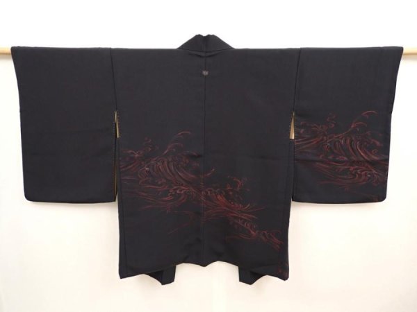 Photo1: 6702T03z560 Vintage Japanese Kimono Silk HAORI Wave Black (1)