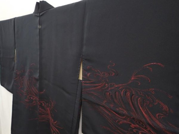 Photo2: 6702T03z560 Vintage Japanese Kimono Silk HAORI Wave Black (2)