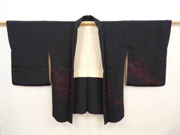 Photo6: 6702T03z560 Vintage Japanese Kimono Silk HAORI Wave Black (6)