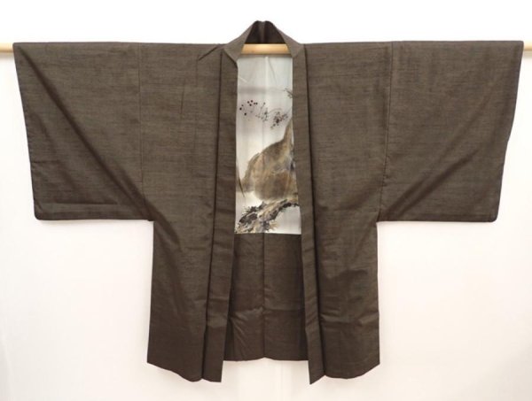 Photo5: 6702T12z660 Vintage Japanese Kimono Silk Men's HAORI Monkey Olive-Brown (5)