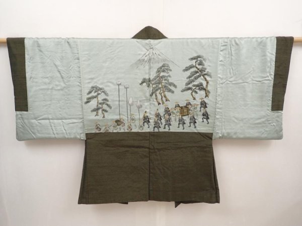 Photo1: 6702T13z610 Vintage Japanese Kimono Silk Men's HAORI Daimyogyoretsu Olive drab (1)
