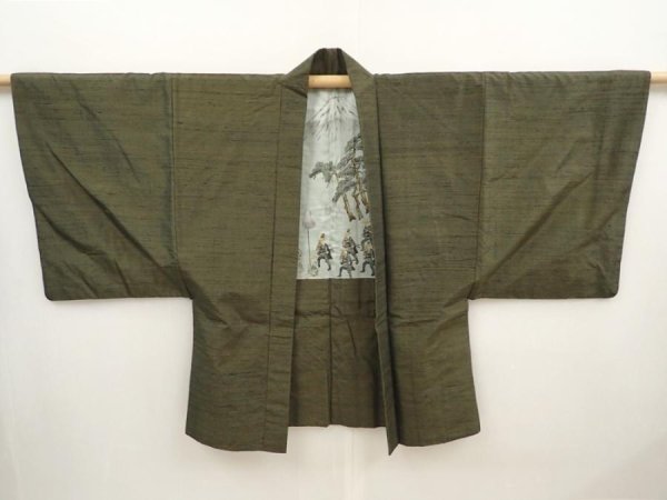 Photo5: 6702T13z610 Vintage Japanese Kimono Silk Men's HAORI Daimyogyoretsu Olive drab (5)