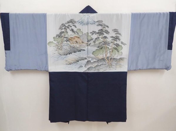 Photo1: 6702T14z540 Vintage Japanese Kimono Blend silk Men's HAORI Scenery Navy (1)