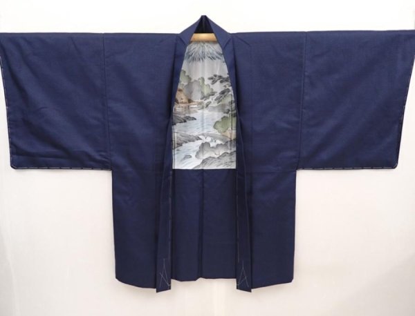 Photo6: 6702T14z540 Vintage Japanese Kimono Blend silk Men's HAORI Scenery Navy (6)