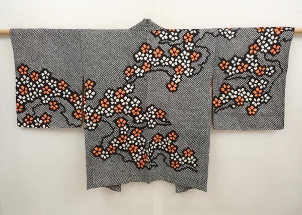 Photo1: 6703T02z510 Vintage Japanese Kimono Silk SHIBORI HAORI Flower Black (1)
