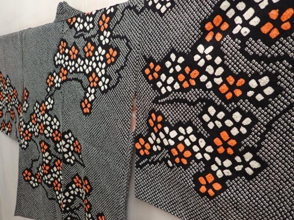 Photo2: 6703T02z510 Vintage Japanese Kimono Silk SHIBORI HAORI Flower Black (2)