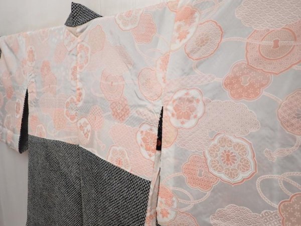 Photo7: 6703T02z510 Vintage Japanese Kimono Silk SHIBORI HAORI Flower Black (7)
