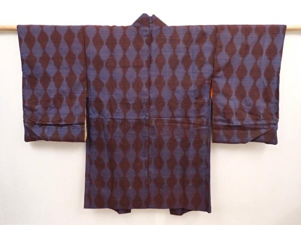 Photo1: 6703T03z450 Antique Japanese Kimono Silk HAORI Tatewaku Dark brown (1)
