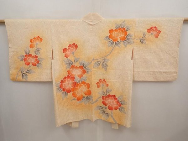 Photo1: 6703T04z420 Vintage Japanese Kimono Silk SHIBORI HAORI Flower Light orange (1)