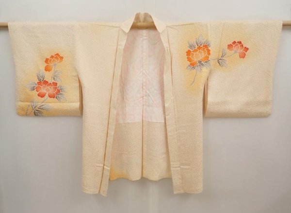 Photo5: 6703T04z420 Vintage Japanese Kimono Silk SHIBORI HAORI Flower Light orange (5)