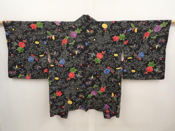 Photo1: 6703T05z590 Vintage Japanese Kimono Silk HAORI Flower Black (1)