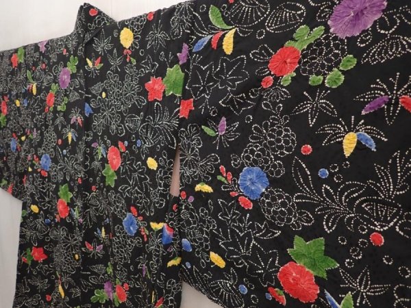 Photo2: 6703T05z590 Vintage Japanese Kimono Silk HAORI Flower Black (2)