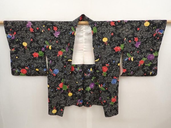 Photo5: 6703T05z590 Vintage Japanese Kimono Silk HAORI Flower Black (5)
