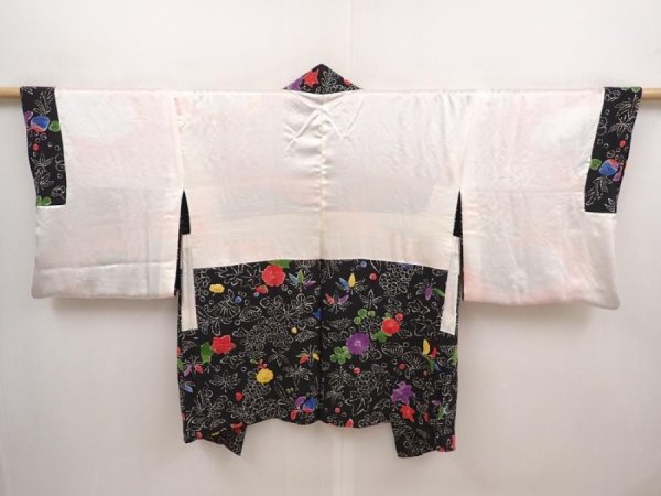 Photo6: 6703T05z590 Vintage Japanese Kimono Silk HAORI Flower Black (6)