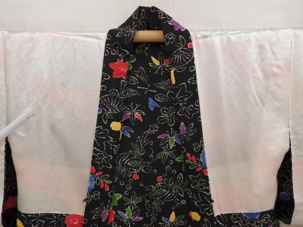 Photo8: 6703T05z590 Vintage Japanese Kimono Silk HAORI Flower Black (8)