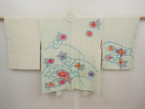 Photo1: 6703T06z560 Vintage Japanese Kimono Silk SHIBORI HAORI Flower Soft green (1)