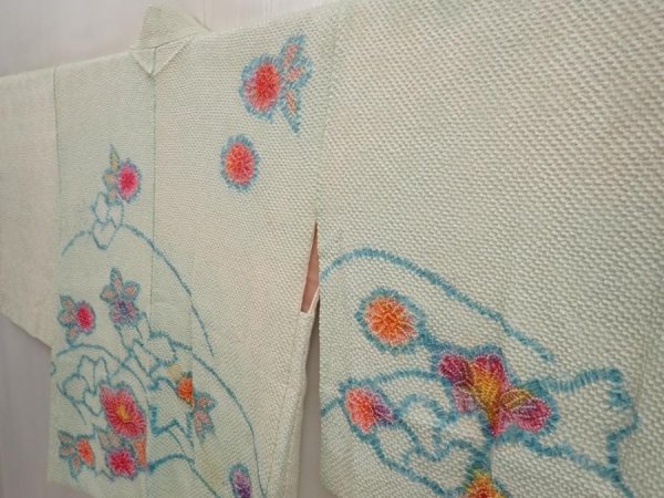 Photo2: 6703T06z560 Vintage Japanese Kimono Silk SHIBORI HAORI Flower Soft green (2)