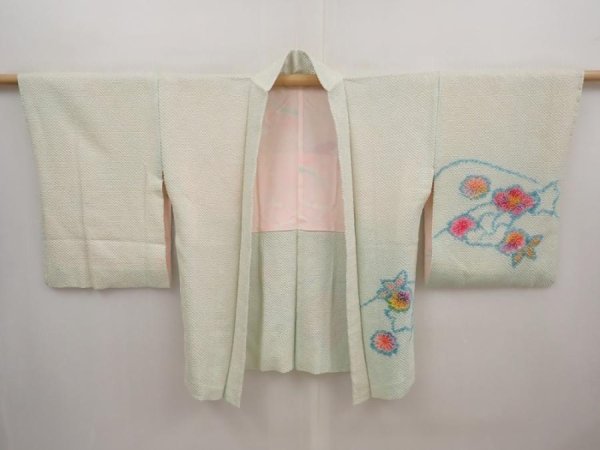 Photo5: 6703T06z560 Vintage Japanese Kimono Silk SHIBORI HAORI Flower Soft green (5)