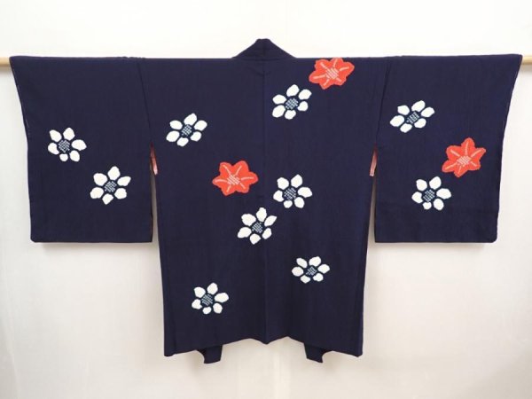 Photo1: 6703T07z620 Vintage Japanese Kimono Silk HAORI Flowers Dark navy (1)