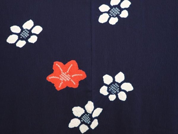 Photo3: 6703T07z620 Vintage Japanese Kimono Silk HAORI Flowers Dark navy (3)