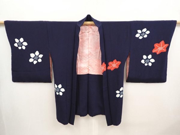 Photo5: 6703T07z620 Vintage Japanese Kimono Silk HAORI Flowers Dark navy (5)