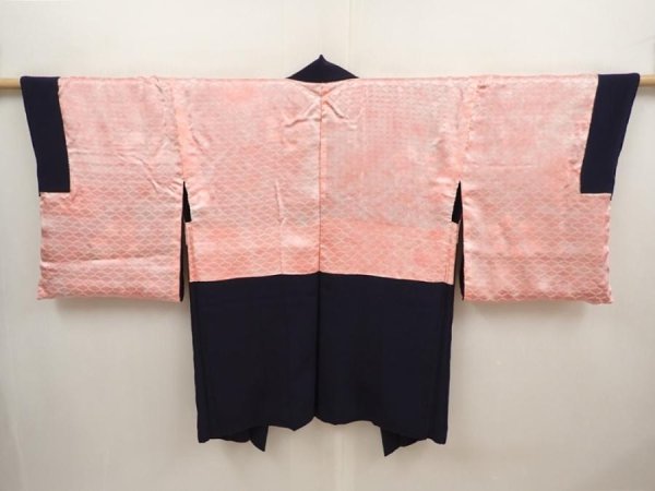 Photo6: 6703T07z620 Vintage Japanese Kimono Silk HAORI Flowers Dark navy (6)
