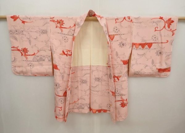 Photo5: 6703T09z590 Vintage Japanese Kimono Silk HAORI Flower Pink (5)