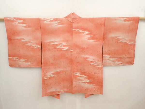 Photo1: 6703T10z610 Vintage Japanese Kimono Silk HAORI Flowers Coral pink (1)