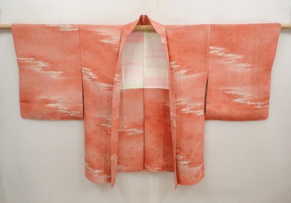 Photo5: 6703T10z610 Vintage Japanese Kimono Silk HAORI Flowers Coral pink (5)