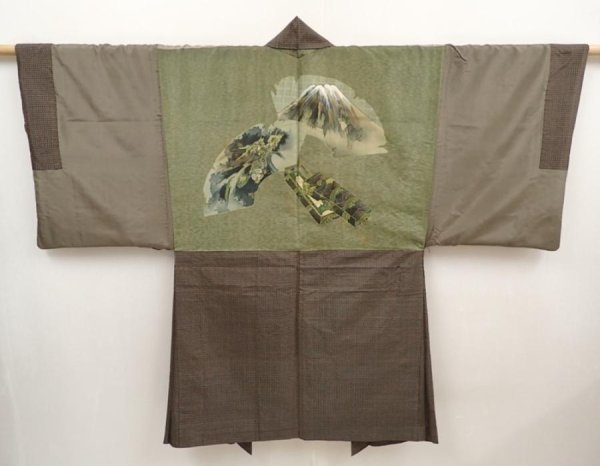 Photo1: 6703T11z430 Vintage Japanese Kimono Silk Men's OSHIMA HAORI Jigami Olive-Brown (1)