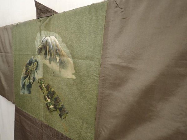 Photo2: 6703T11z430 Vintage Japanese Kimono Silk Men's OSHIMA HAORI Jigami Olive-Brown (2)