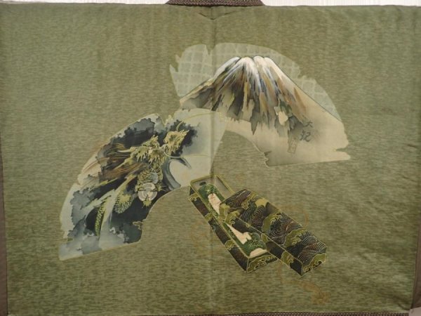 Photo3: 6703T11z430 Vintage Japanese Kimono Silk Men's OSHIMA HAORI Jigami Olive-Brown (3)