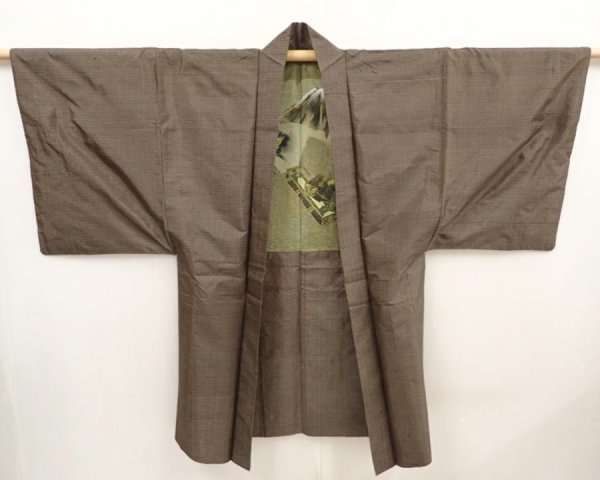 Photo6: 6703T11z430 Vintage Japanese Kimono Silk Men's OSHIMA HAORI Jigami Olive-Brown (6)