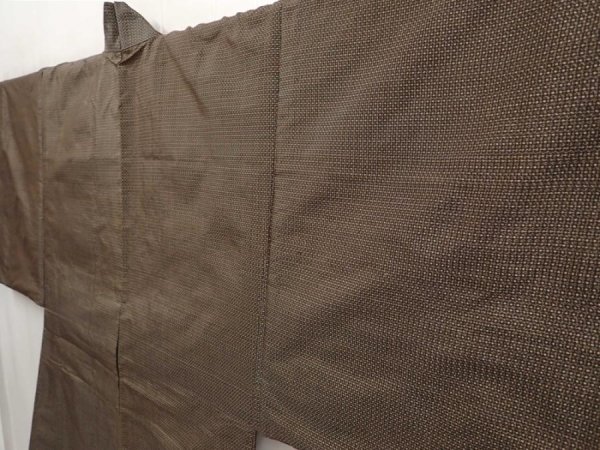 Photo7: 6703T11z430 Vintage Japanese Kimono Silk Men's OSHIMA HAORI Jigami Olive-Brown (7)