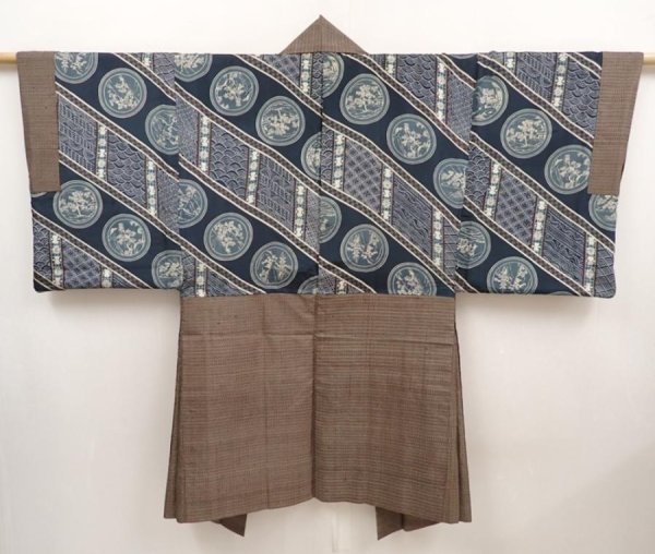 Photo1: 6703T12z480 Vintage Japanese Kimono Silk Men's HAORI  Brown-Gray (1)